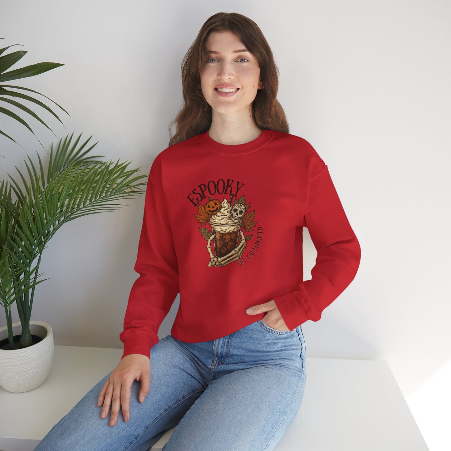 Espooky but caffeinated skeleton hand Crewneck Sweatshirt, Halloween Sweatshirt, Fall Fashion, Cozy Outfit, Unisex Sweater, Autumn Style