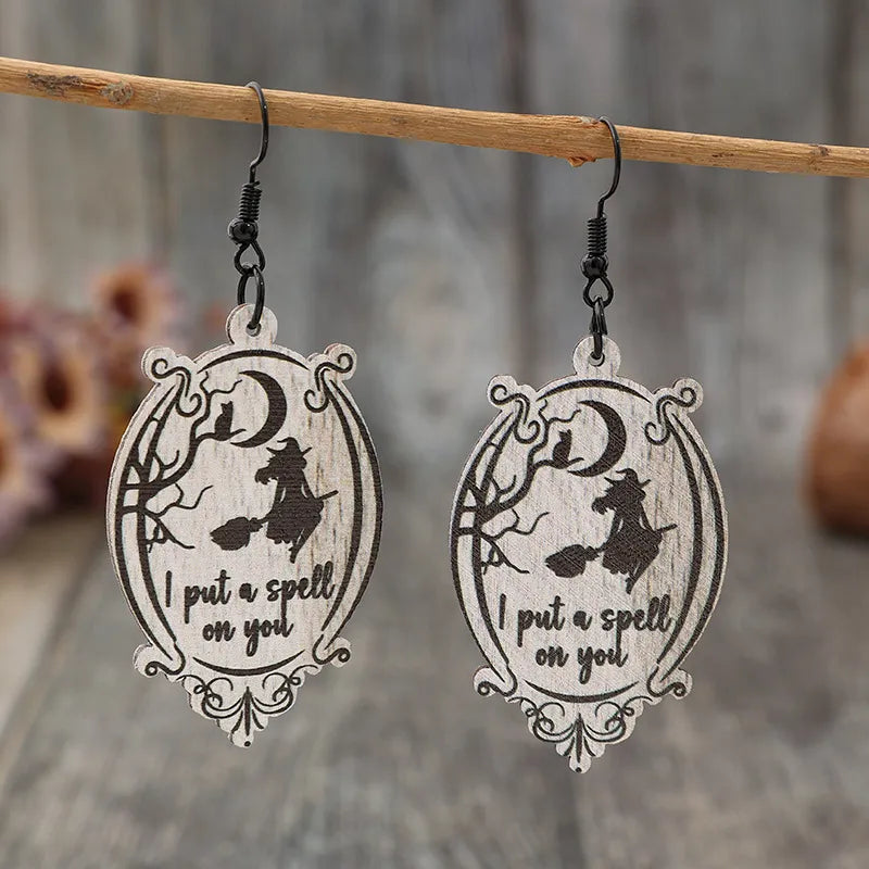 Witch Wooden Dangle Earrings Halloween 
