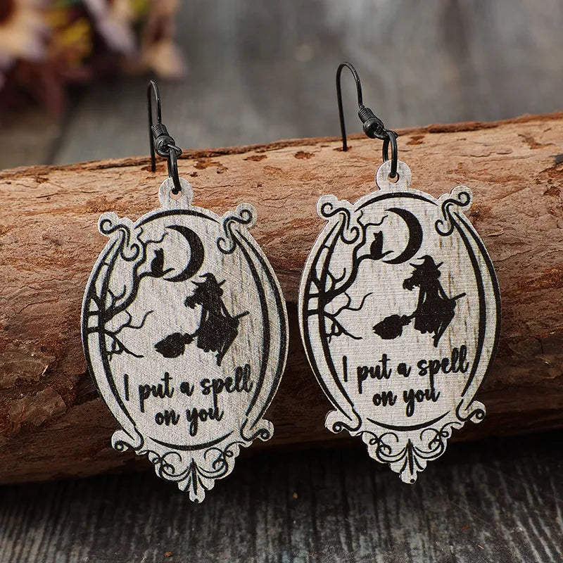 Witch Wooden Dangle Earrings Halloween 