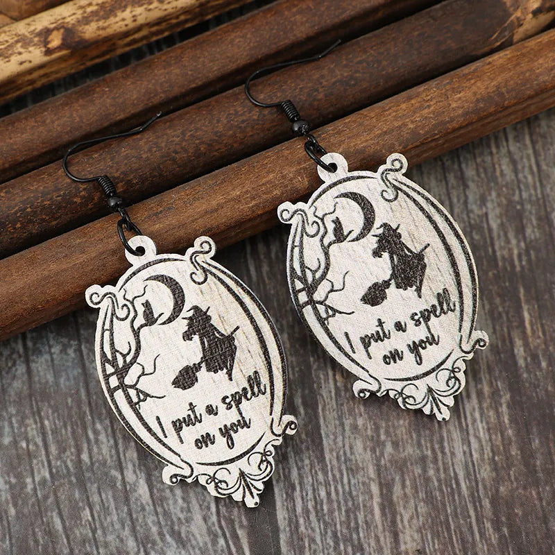 Witch Wooden Dangle Earrings Halloween 